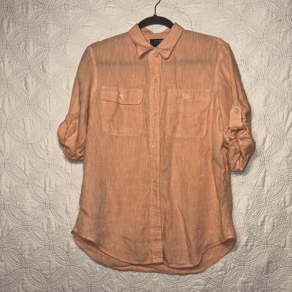 Ralph Lauren Orange %100 Linen Button-Up Shirt 3/4 Sleeve Size Large Relaxed Fit